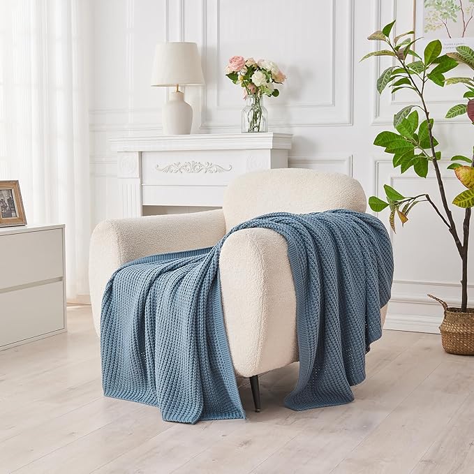 Douceur Blue Throw Blanket for Bed, Soft Chunky Cable Knit Throw Blanket, Classic Fisherman's Rib Stitch Pattern Throw for Living Room Gift, 60"X80"