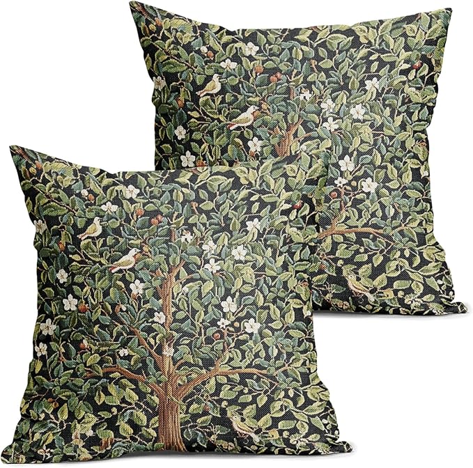Green Tree Pillow Covers 20X20 Inch Set of 2 Watercolor Forest Bird Floral leaves Decorative Pillow Cases Spring Vintage Leaf Flower Cotton Linen Cushion Case Farmhouse Home Decor For Sofa Couch