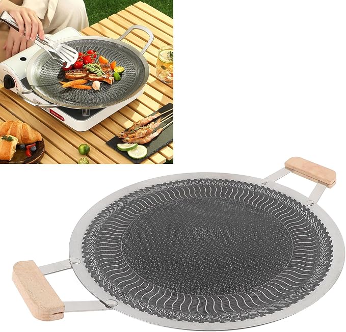 POCREATION Korean BBQ Grill Pan, Stainless Steel Nonstick Even Heating Cooking Pan for Indoor Outdoor Gatherings with Wood Handle Induction Gas Electric Compatible Round 38cm 1 Pack