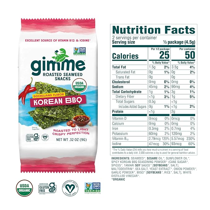Gimme Seaweed Organic Premium Roasted Seaweed Snacks, Korean BBQ, 12 Count Sharing Size, Keto, Vegan, Gluten-Free, Great Source of Omega3s and Iodine, Healthy On-The-Go Snack for Kids and Adults