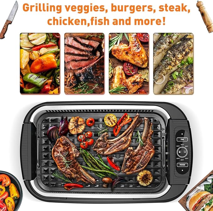 Indoor Grill, Techwood 1500W Smokeless Electric Grill with Tempered Glass Lid, Compact & Portable Non-Stick BBQ Grill with 6-Level Control, Dishwasher Safe, Black