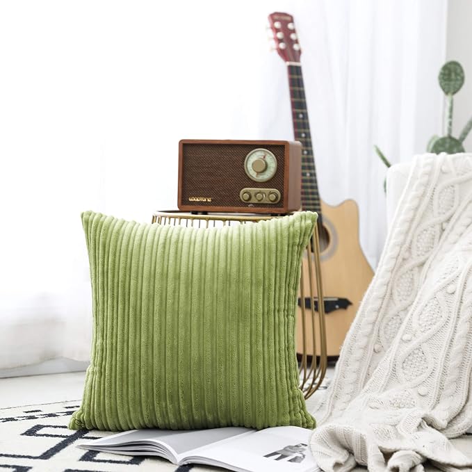UGASA Decor Soft Solid Velvet Toss Throw Pillow Cover Fashion Striped Decorative Pillow Case Handmade Cushion Cover for Couch, 20x20 inches, 1 Piece, Green