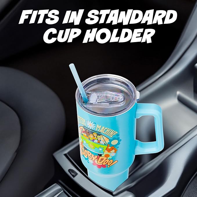 Silver Buffalo Scooby Doo Mystery Machine Featuring Shaggy, Velma, Fred and Daphne Double Walled Stainless Steel Tumbler with Handle and Straw, Fits in Standard Cup Holder, 40 Ounces