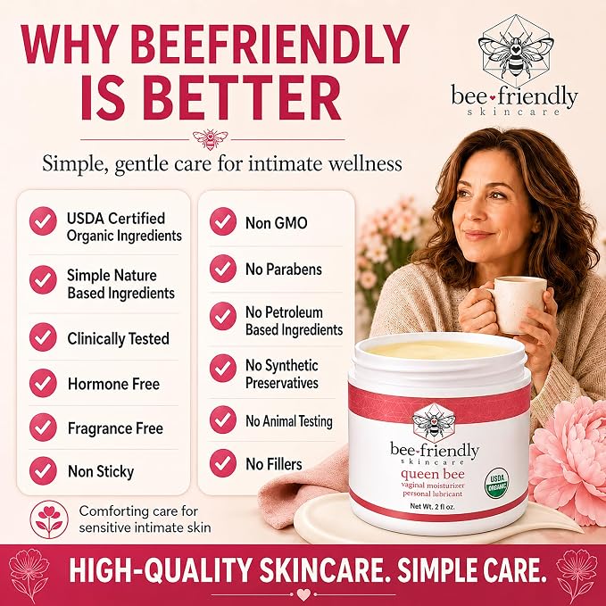 BeeFriendly® Organic Vaginal Moisturizer, USDA Certified, 6 oz (3 Jar Box) | Natural Vulva Cream, For Dryness, Itching, Irritation, Redness & Chafing, Due to Menopause & Thinning