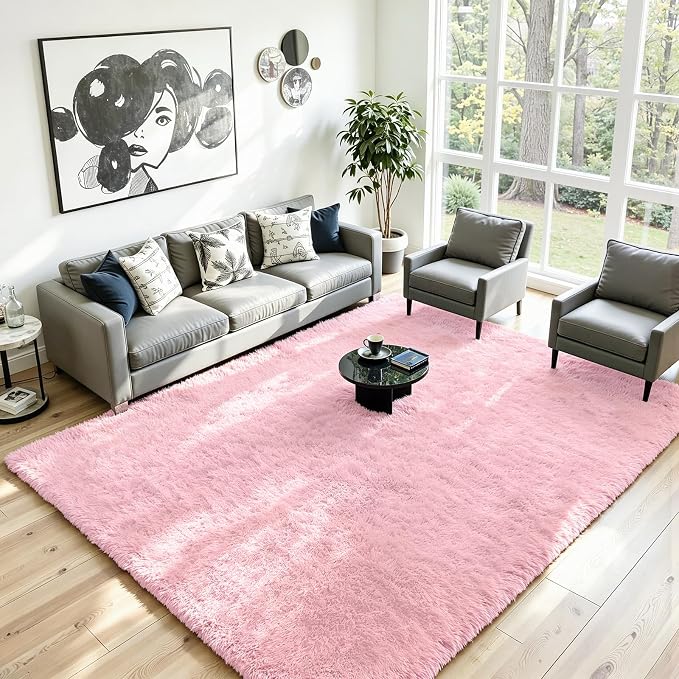 8x10 Area Rug for Living Room, Ultra Soft Fluffy Pink Rugs for Bedroom, Non Slip Large Shag Carpet, Fuzzy Plush Nursery Rug, Thick Washable Indoor Floor Carpets for Kids Office Dorm Home Decor