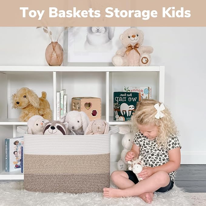 Goodpick 50L Large Woven Storage Basket, 18" x 14" x 12", Gradient Brown | Decorative Gift Basket for Nursery & Bedroom Organization, Cotton Rope Baskets for Blankets & Toys Storage, Built-In Handles