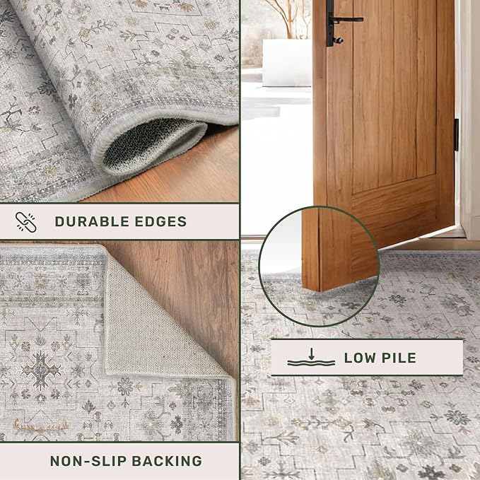 Light Gray & Sage Living Room Rug 8x10 - Washable Boho Low Pile Large Area Rug for Dining Room, Bedroom Carpet, Distressed Vintage Floral Design, Low Pile Stain Resistant