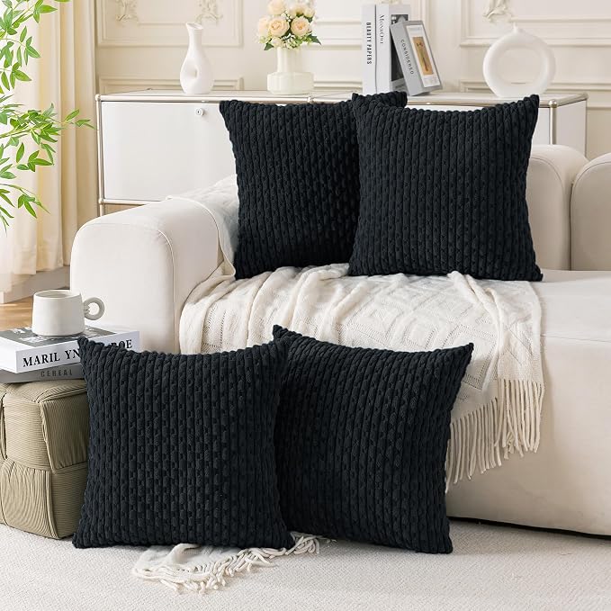 Set of 4 Black Decorative Throw Pillow Covers 18x18 Inch Corduroy Pillow Covers for Bed Couch Sofa Living Room Soft Square Cushion Cases