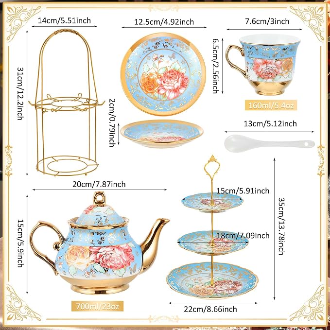 Maxcheck 21 Pcs Porcelain Tea Set for Women Tea Party with Metal Holder and 3 Tier Cake Stand Ceramic European Floral Teapot Set for Adults Mother's Day Christmas Thoughtful Gift(Advanced Style)