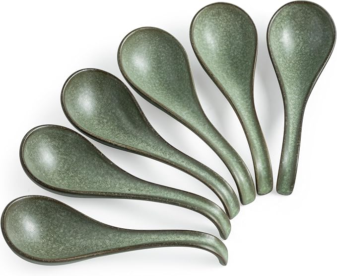 Asian Soup Spoon, Chinese Soup Spoons, Ramen Spoons, Japanese Ceramic Soup Spoon Set of 6,Thanksgiving Christmas Kitchen With Long Handle for Serving, Ramen, Pho, Noodles, Green