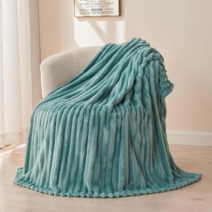 NEWCOSPLAY Super Soft Queen Blanket Mint Green Premium Silky Flannel Fleece 3D Ribbed Jacquard Lightweight Bed Blanket All Season Use (Mint Green Ribbed, Queen(90"x90"))