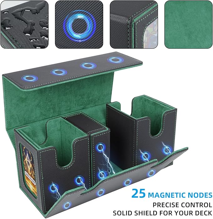 AFIING MTG Commander Card Storage Box - Fits 200 Double Sleeved Cards,3-in-1Card Deck Case,Strong Magnet Card Organizer For Magic Commander TCG CCG,4Dividers &2 Toploaders, Black/Green