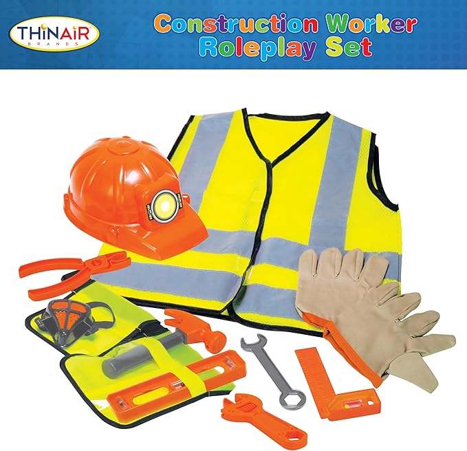 Dr. STEM Toys Construction Worker Roleplay Costume Set with Hat, Tools, Tool Belt, Gloves, and More - Orange and Yellow, One Size Fits Most Kids Ages 3 to 6