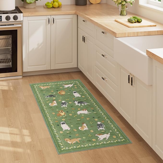 DUKINO 2x4 Rug Runner, Washable Dog Bathroom Rug Soft Non Slip, Green | Low Pile, Non-Shedding, Stain Resistant, Indoor Animal Carpet Runner for Kitchen Entryway Hallway Laundry Farmhouse Bedroom
