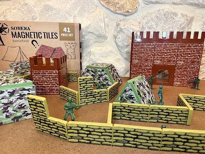Military Battlefield Base Magnetic Tiles Building Blocks - Army War Themed Playset for Imaginative Military Building and Learning - STEM Education Toy WW1 WW2 - Great Birthday Gift for Boys
