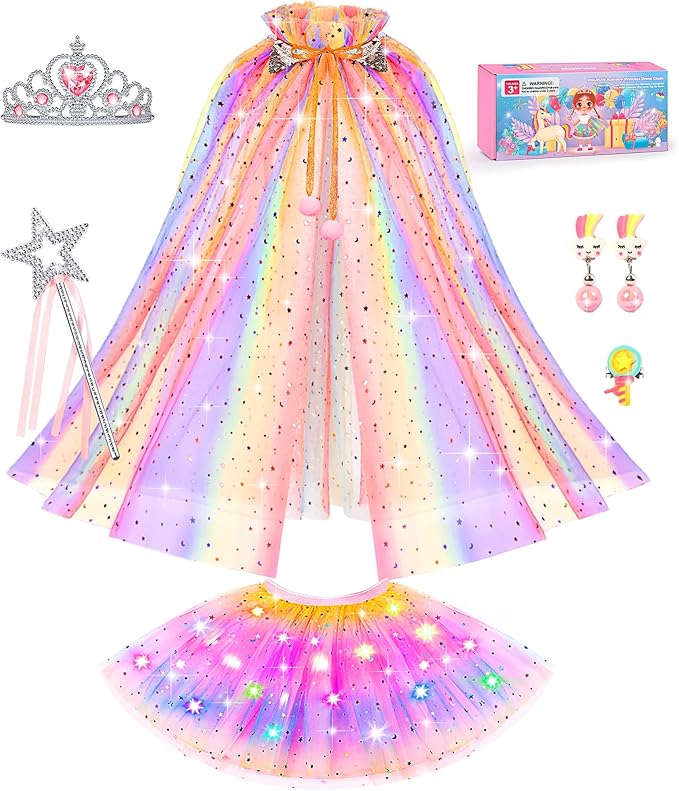 Light up Princess Dress up Clothes for Little Girl, Unicorn Princess Cape Princess Dresses Crown Toy for 3 4 5 6 Girls