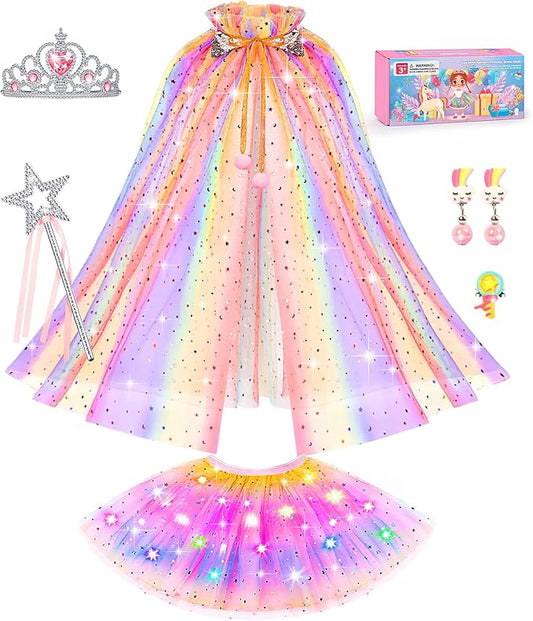 Light up Princess Dress up Clothes for Little Girl, Unicorn Princess Cape Princess Dresses Crown Toy for 3 4 5 6 Girls