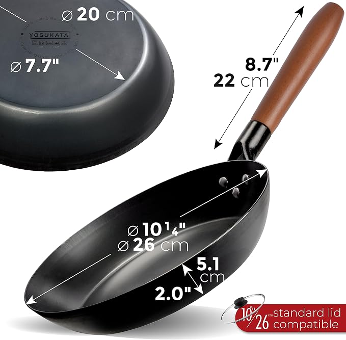 YOSUKATA 10 1/4" Carbon Steel Frying Pan – Non-Toxic Pre-Seasoned Skillet with Removable Wooden Handle – Coating-Free Wok-Style Pan for Gas, Induction, Electric, Oven & Grill BBQ