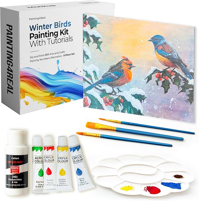 Painting4Real DIY Painting Class Kit for Adults with Video Tutorials: Learn to Paint Winter Birds – Indoor Christmas Decorations – Hang Christmas Picture/Art as Wall Decor Once Completed