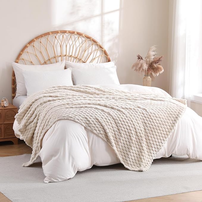 Cream Fleece Throw Blanket 50”×60” for Couch Sofa Bed | Super Soft Cozy Plush Microfiber Flannel Blanket with 3D Jacquard Decorative Lightweight for Mom Woman