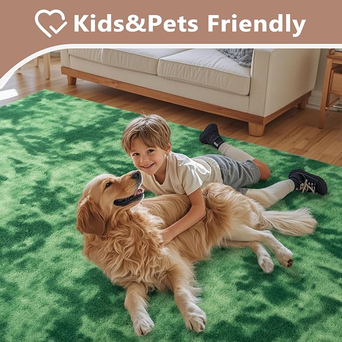 FinRèc 5x7 Washable Area Rugs for Bedroom Living Room, Low Pile Thin Ultra Soft Shag Rug, Non-Slip Carpet Indoor for Home Decor (Tie-dye Green)