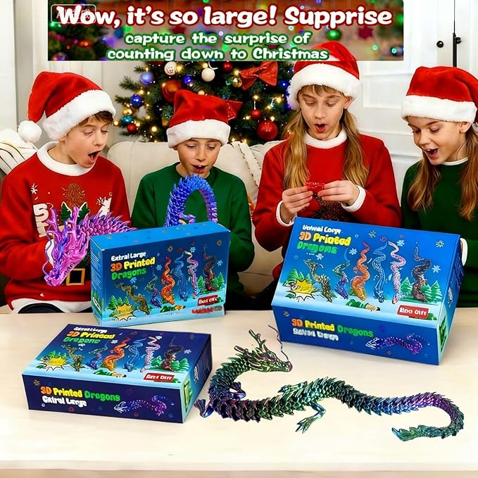 4-Pack Big 24 Inch 3D Printed Dragon Fidget Toy, Articulated Chinese Dragon Action Figure with Gift Box - Christmas Gift, Imaginative Play, Office Desk Decor & Collectible Figurine for Kids & Adults