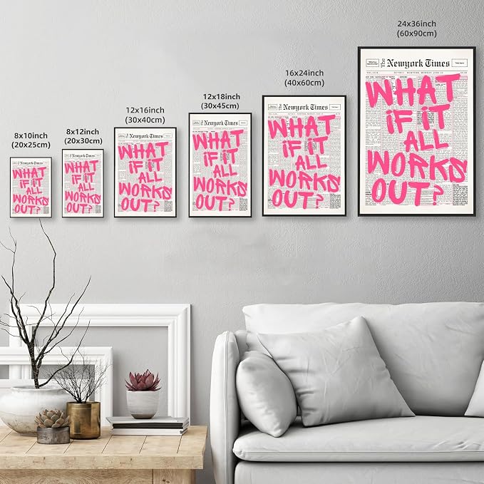 What If It All Works Out Poster Retro Newspaper Pink Wall Art Positive Affirmation Quote Minimalist Canvas Painting Prints Wall Decor Aesthetic for Home Bedroom Office 24x36inch Black Aluminum Frame