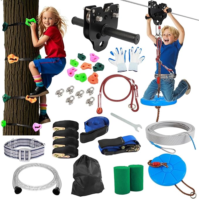 FAHKNS Zip Line Kit for Kids Adults: 180FT Up to 400 lbs - Updated Removable Design Trolley,Thickened Seat,Safety Harness,Quick Tighten Zipline Kits for Outdoor Backyard