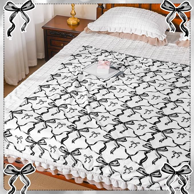 Black Bow Throw Blanket 50"x60" Soft Flannel for Girls Women | Coquette Aesthetic Decor with Ruffled Edges, Ultra Plush Bed Sofa Blanket, Preppy Gift for Teens, Back to School Dorm Room