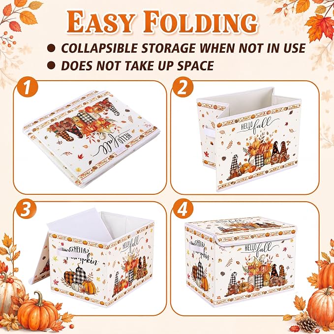 Briwooody Fall Storage Bin with Lid and Carrying Handle Pumpkin Gnome Foldable Storage Box Large Autumn Harvest Decorative Collapsible Container Basket for Organizing Closet Home Bedroom Fall Gifts