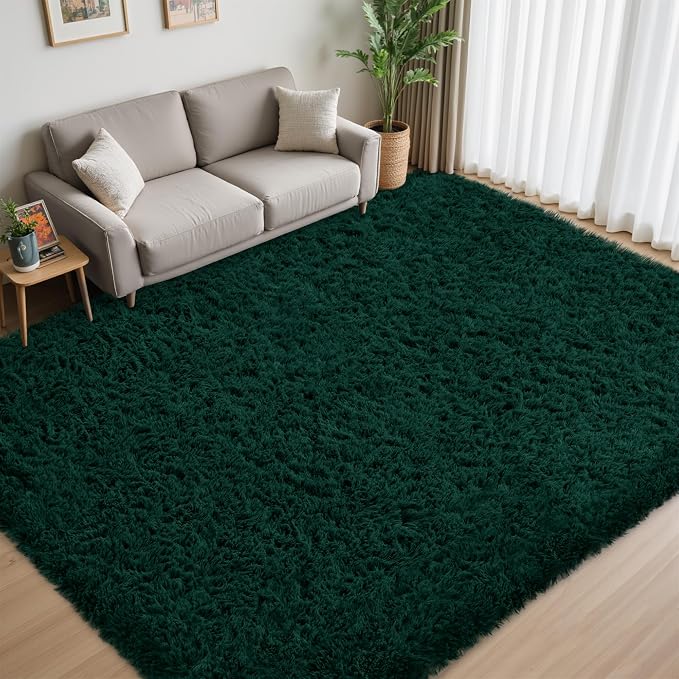 8x10 Area Rug for Living Room:Ultra Soft Fluffy Shag Purple Rugs,Large Fuzzy Plush Indoor Non Slip Carpet Washable Rug for Bedroom Kids Nursery Office Dorm Modern Decor(Dark Green 8'x10')