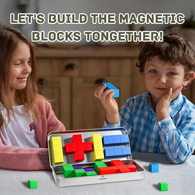 Magnetic Blocks with Magnet Iron Box - Travel Magnetic Building Toys for Toddlers Kids Ages 4-8, Road Trip ‌Sensory Toy Christmas Birthday Gifts for Boys & Girls - 32Pcs