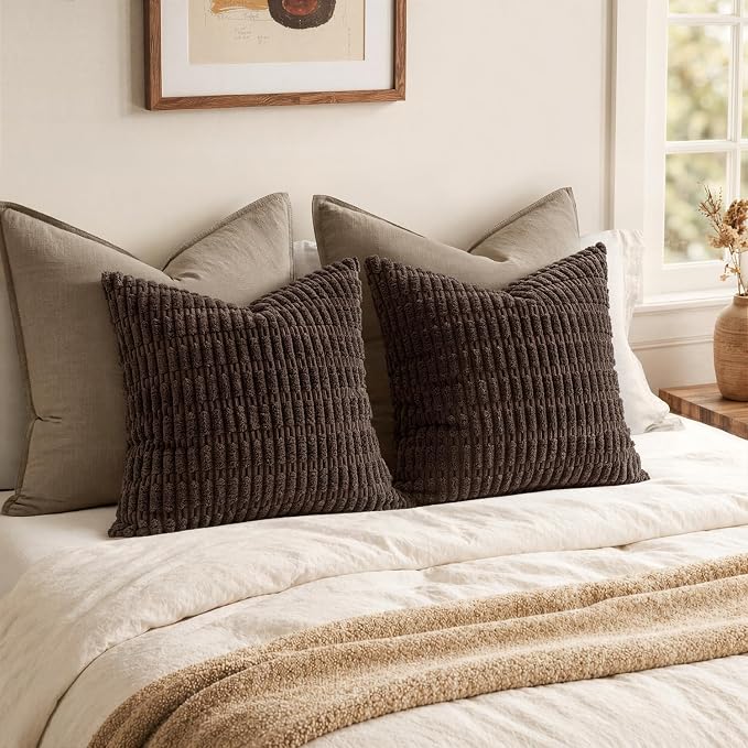 MIULEE Corduroy Decorative Throw Pillow Covers 18x18 Dark Brown Pack of 2 | Soft Boho Striped Pillow Covers Modern Farmhouse Fall Home Decor For Sofa Living Room Couch Bed