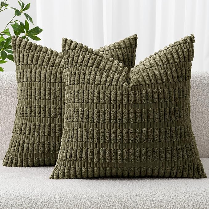 MIULEE Corduroy Decorative Throw Pillow Covers 16x16 Olive Green Pack of 2 | Soft Boho Striped Pillow Covers Modern Farmhouse Home Decor For Sofa Living Room Couch Bed