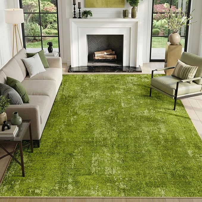 RELEANY Washable 9'x12' Abstract Area Rug for Living Room Grass Green | carpet for bedroom, kitchen, office, hallway and entryway, printed pattern, non-slip, soft, stain-resistant, easy to clean