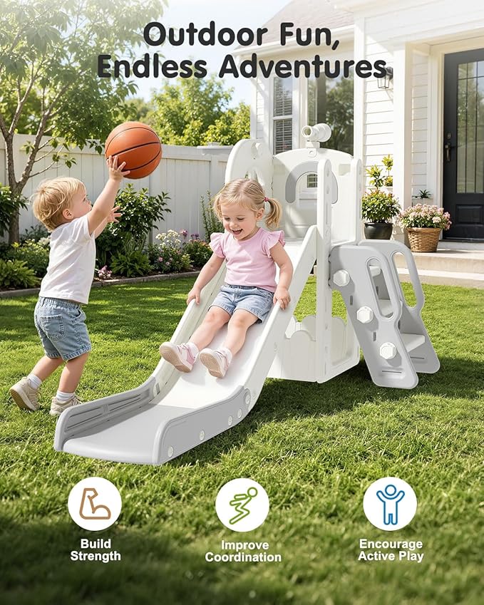 Babytronic Toddler Slide for Kids 1-3, 6-in-1 Toddler Slide Set with Basketball Hoop & Telescope, Indoor Outdoor Toddler Playset, Kids Climber Playset for Small Spaces, Indoor Playground, Cream & Gray