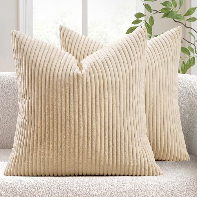 MIULEE Decorative Corduroy Throw Pillow Covers Set of 2 20x20 Beige | Soft Striped Textured Cushion Cases, Boho Square Pillowcases Neutral Home Decor, for Couch Chair Sofa Bed Living Room