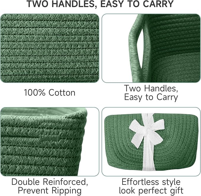 3 Pack Small Storage Baskets for Organizing, 11.8×7.8×5.1", Green | Woven Baskets for shelves, Cotton Rope Basket for Gifts Empty, Closet Organizer Bins with Handles, Cube Decorative Box