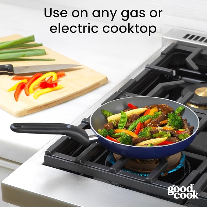 GoodCook Basics Fry Pan Ceramic Nonstick Aluminum Construction for Even Heating Non-Toxic PTFE & PFOA Free, 8-Inch, Blue