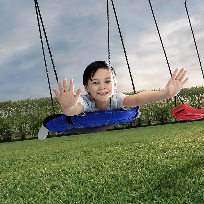 Delta Children FunZone Outdoor Metal 4-Piece Swing Set - Includes 2 Swings, 1 Disc/Saucer Swing and Slide, Blue/Red