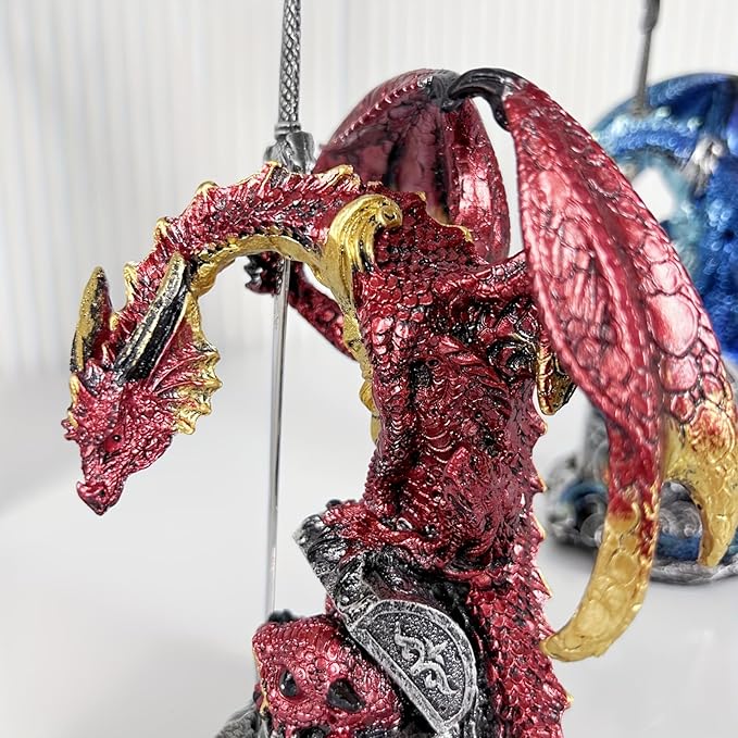 Dragon with Sword Collectible Statue Fantasy Figurine Resin Medieval Dungeons Creative Ornaments for Home,Shelf,Living Room Decor 7.68 Inches (Red)