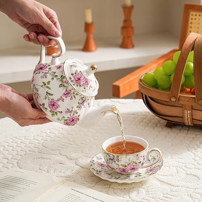 Agyiuns Flower Ceramic Teapot,22oz Porcelain Tea pot for Tea Coffee Milk for Office Home Men Women as Gift (White and big flowers)