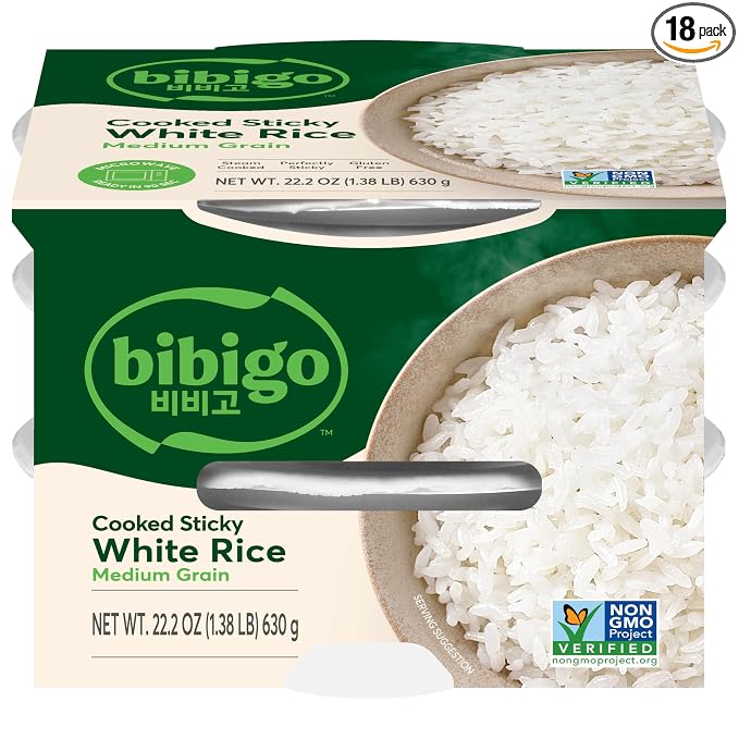 Bibigo Korean Sticky White Rice, Microwavable, Zero Trans Fat, 7.4 Ounce (Pack of 18)