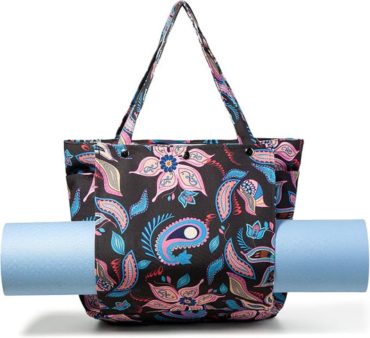 Floral Paisley Pattern Yoga Bag, Canvas Tote with Blue and Pink Design, Spacious Carrier for Yoga Mat and Accessories