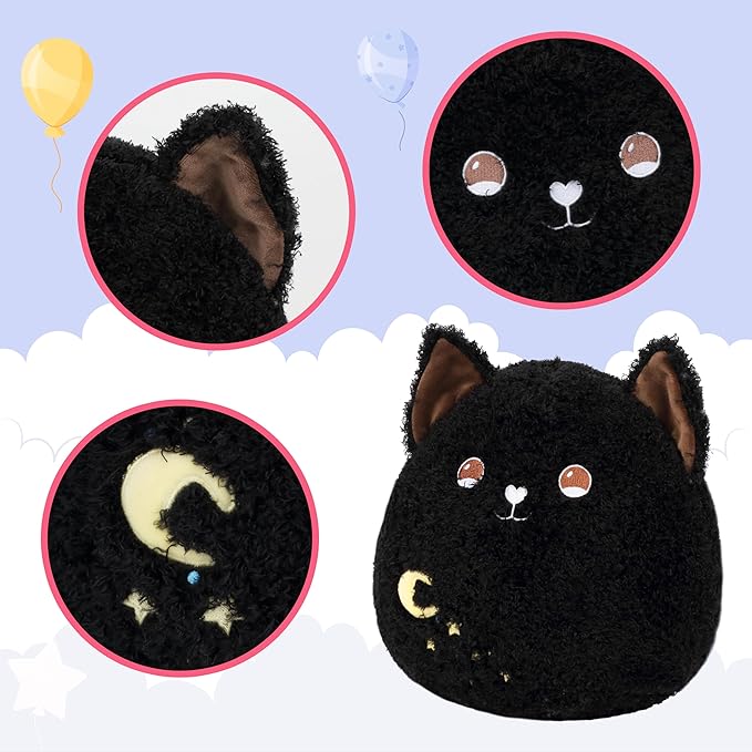 Easfan Black Cat Plush Pillow Soft Plush Toy Cute Good Sleep Stuffed Animal Home Room Decoration Best Wish Birthday Gifts for Girls Boys Kids,12"
