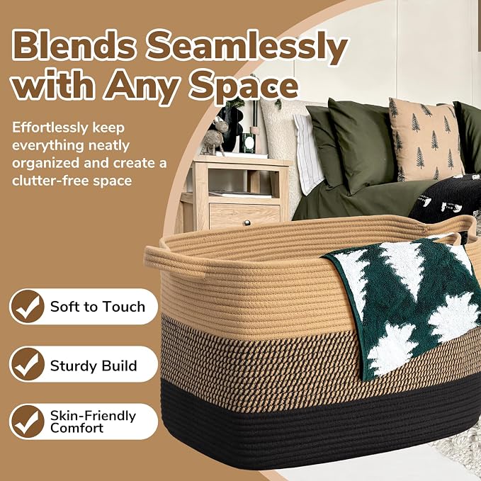 Goodpick 105L Extra Large Woven Rope Blanket Basket, Rectangle, Black Jute | 25'' x 16'' x 16'' Storage Basket for Blankets, Pillows & Toys, Living Room & Bedroom Organization, Reinforced Handles
