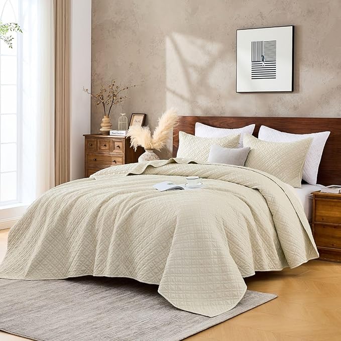 King Quilt Set with Shams Lightweight Quilted Bedspread Coverlet Thin Comforter Bed Cover Vintage Washed Quilted Blanket for All Season, Brushed Microfiber Diamond Stitching, Beige, 104"x92"