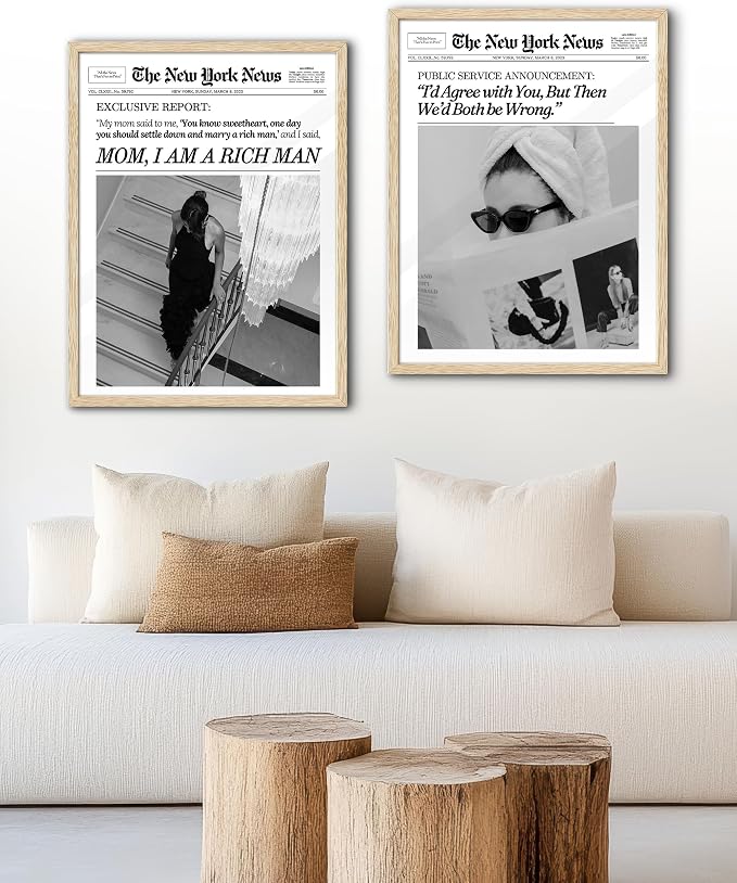 EcoHest 16x20 in Cool Girl Newspaper Framed Wall Art for Bedroom | Solid Oak Wood Frame, Canvas Wall Art, Girly Fashion Magazine Decor for Bedroom, Apartment, Dorm, College Room, 1Pack