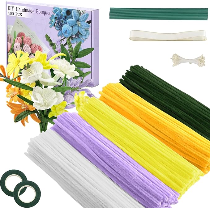 400 Pcs Pipe Cleaners Craft,6 Assorted Colors Pipe Cleaners Bulk, Chenille Stems for DIY Flower Making Kit with Floral Wires, Gardening Tape,Stamen& Ribbon (Yellow)