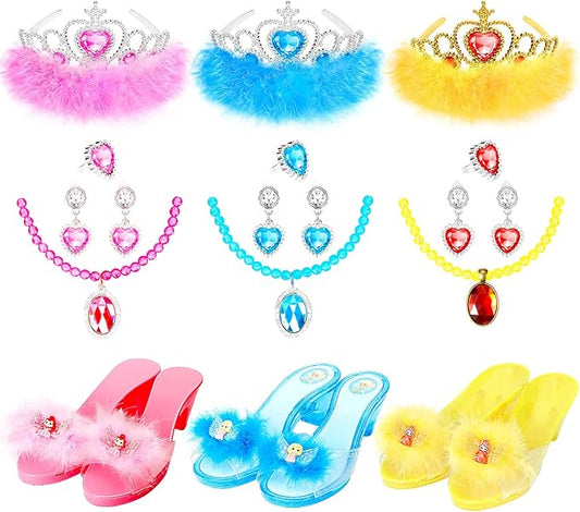 Princess Dress Up Shoes Set, Toddler Pretend Jewelry Boutique Kit, Girls Role Play Dress Up Toys, Princess Shoes Crown Necklace Earrings Ring Gift Set for Little Girls Aged 3-6 Years Old
